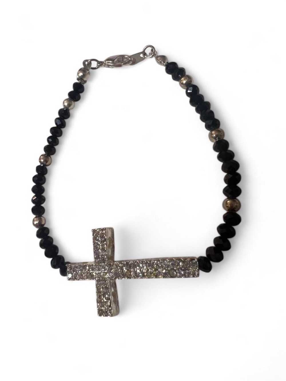 Rhinestone cross bracelet with black & gold beads.
